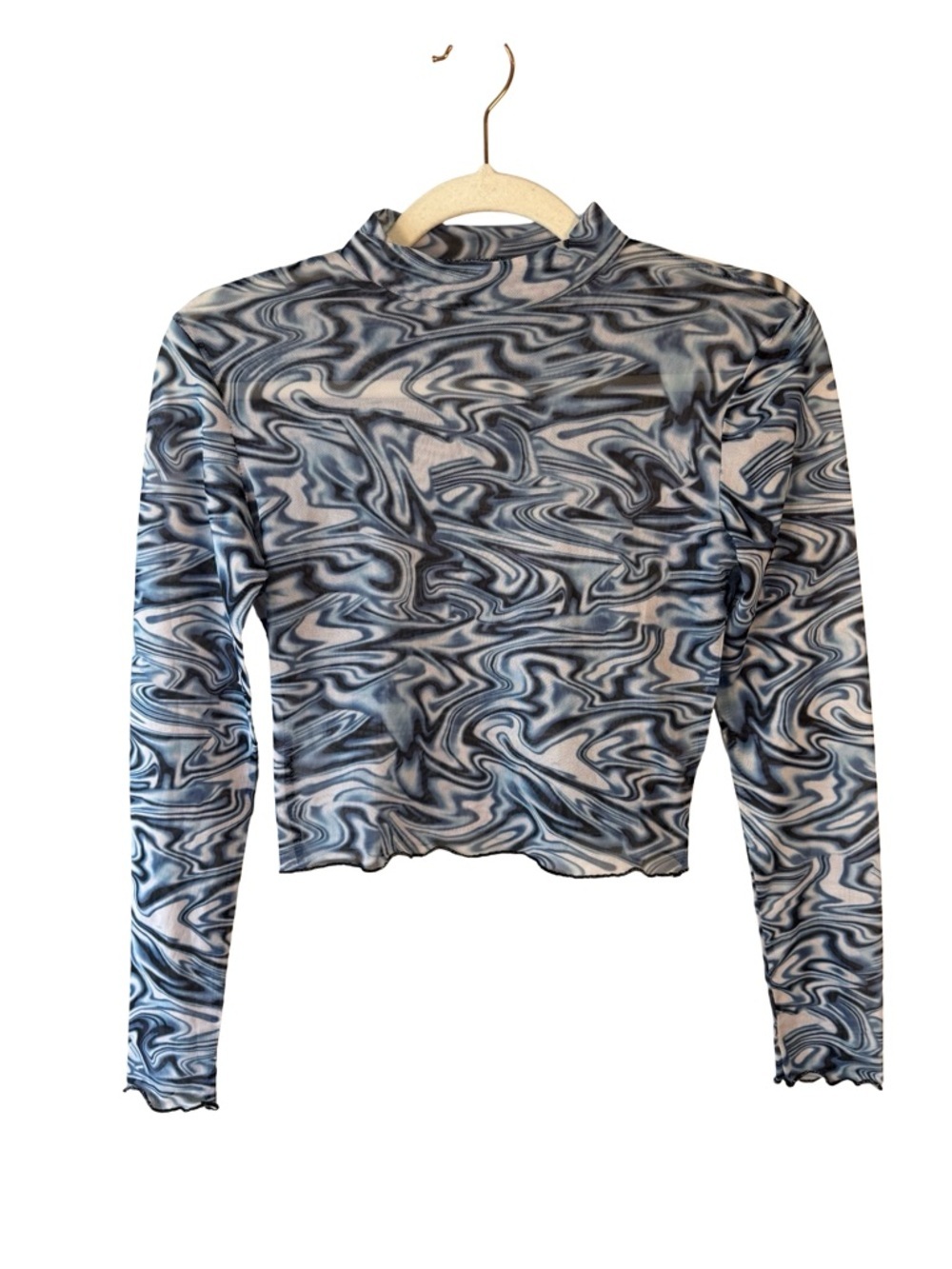 Women’s Blue Marble Mesh Long-Sleeve Crop Top Sheer Size XS or S Y2K Festival